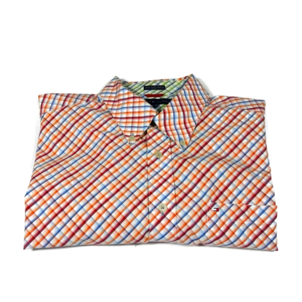 Tommy Hilfiger 80s 2 Ply Fabric Mens Multi Color Button Down Plaid Shirt XL